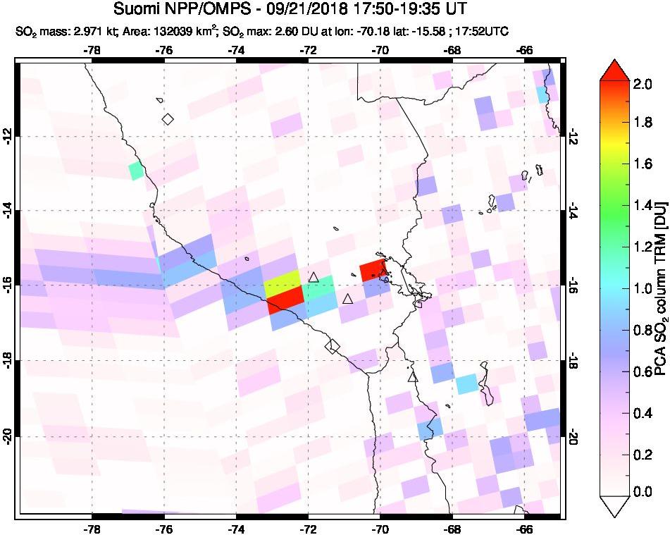 A sulfur dioxide image over Peru on Sep 21, 2018.