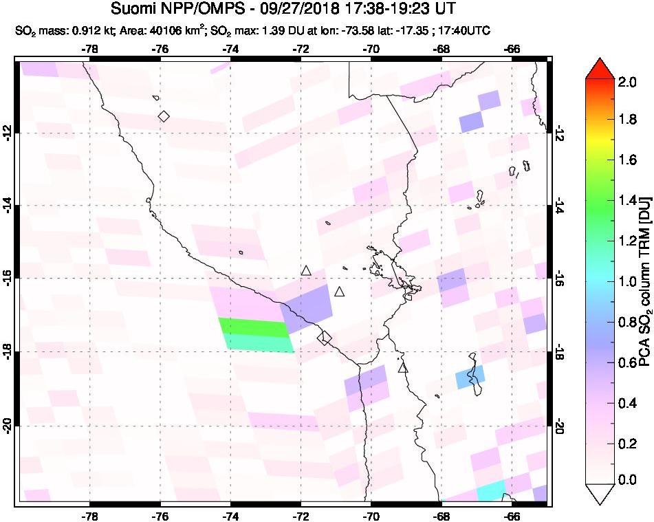 A sulfur dioxide image over Peru on Sep 27, 2018.