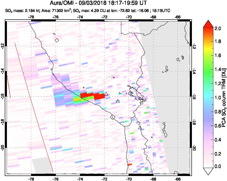 A sulfur dioxide image over Peru on Sep 03, 2018.
