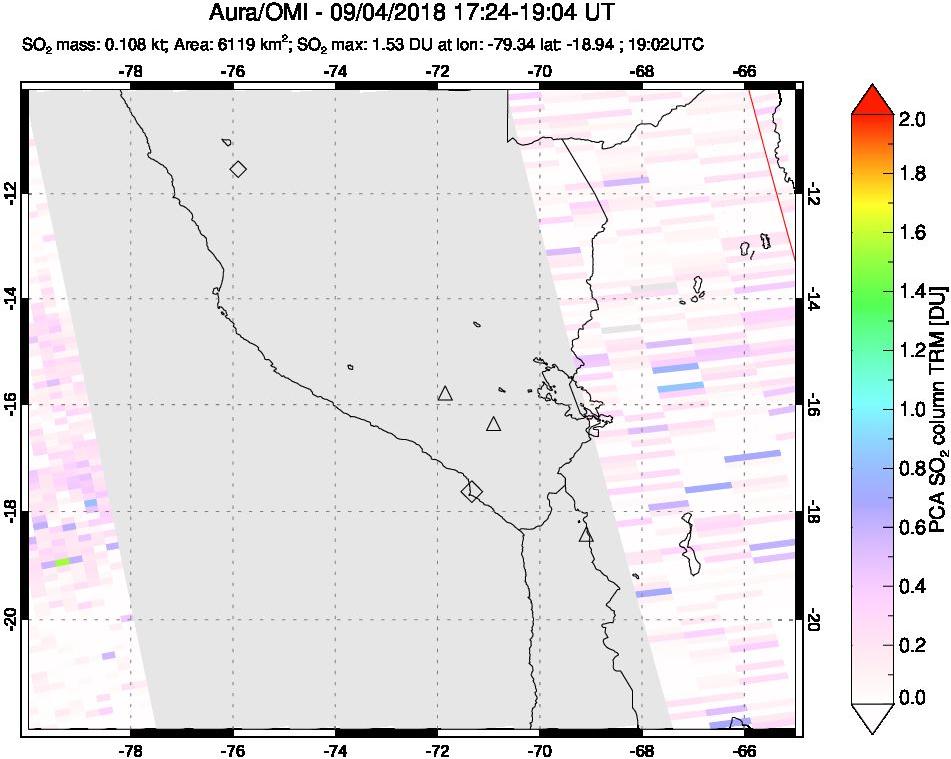 A sulfur dioxide image over Peru on Sep 04, 2018.