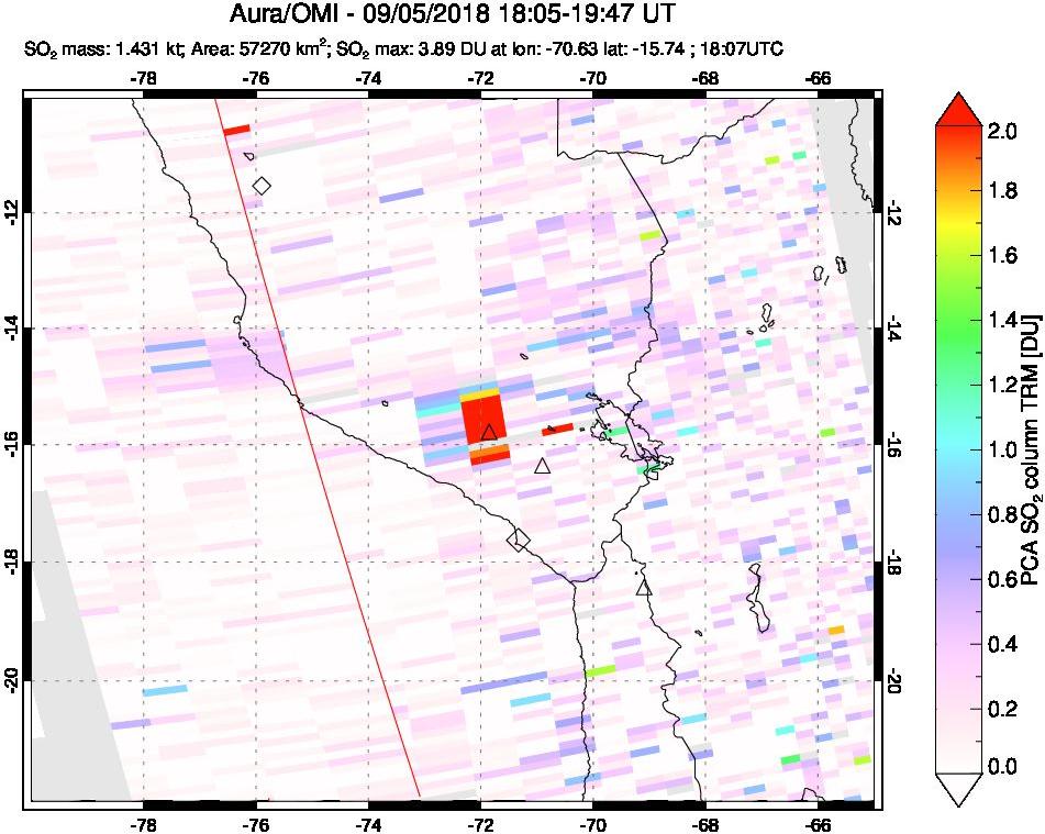 A sulfur dioxide image over Peru on Sep 05, 2018.