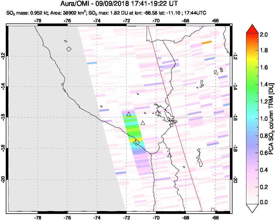 A sulfur dioxide image over Peru on Sep 09, 2018.