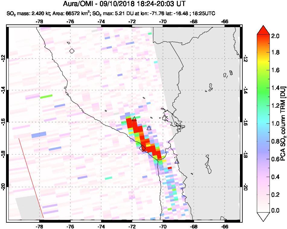 A sulfur dioxide image over Peru on Sep 10, 2018.