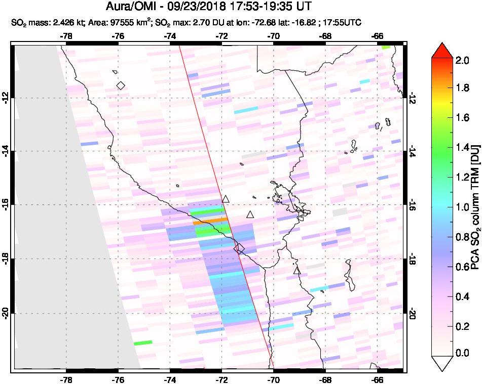 A sulfur dioxide image over Peru on Sep 23, 2018.