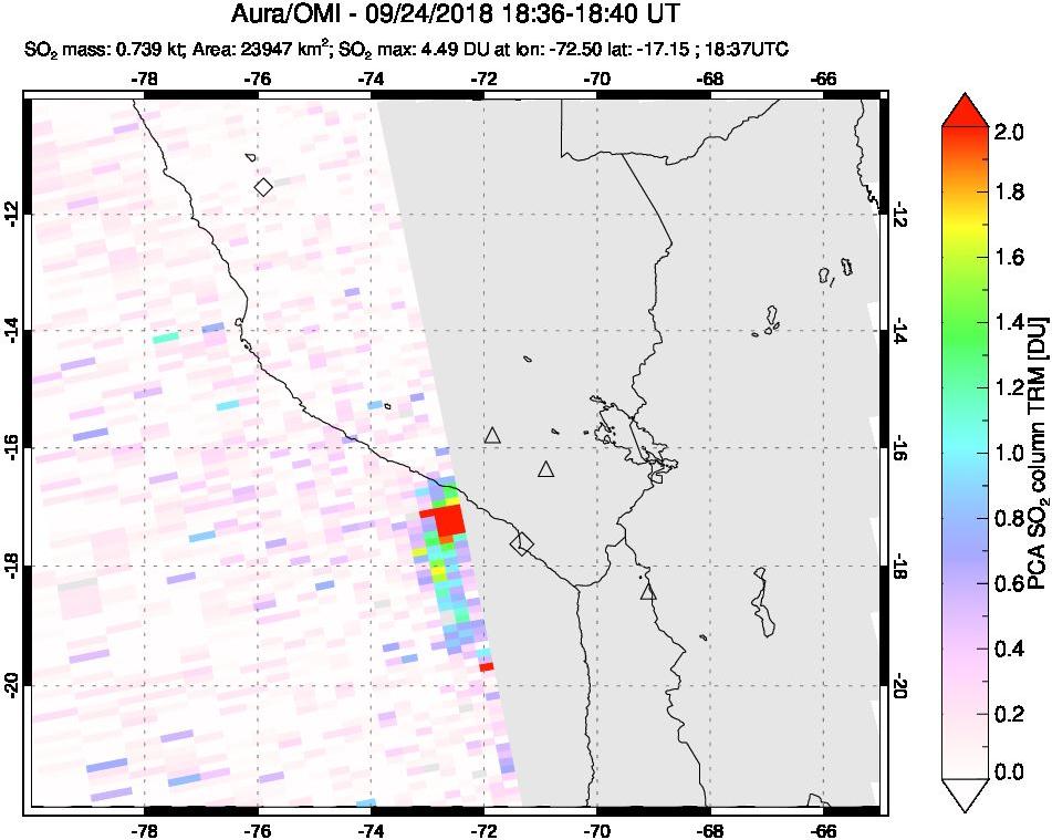 A sulfur dioxide image over Peru on Sep 24, 2018.