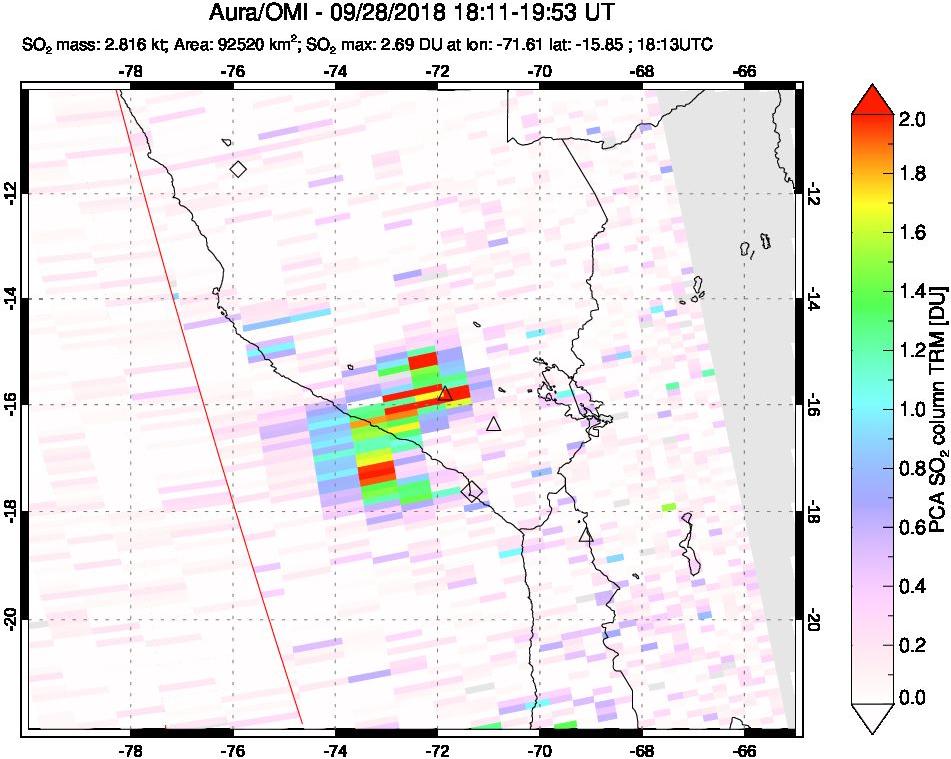 A sulfur dioxide image over Peru on Sep 28, 2018.