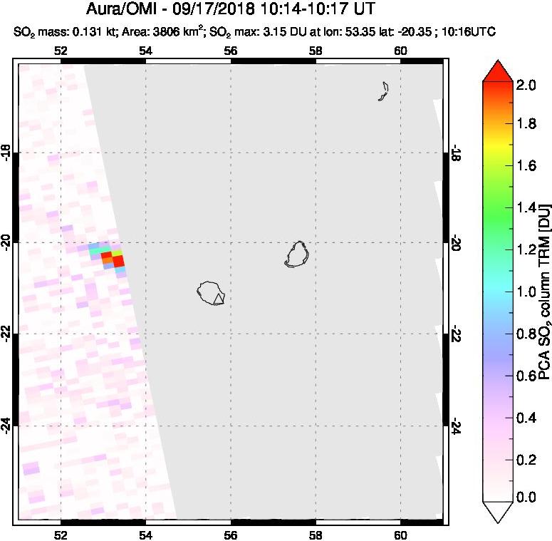 A sulfur dioxide image over Reunion Island, Indian Ocean on Sep 17, 2018.