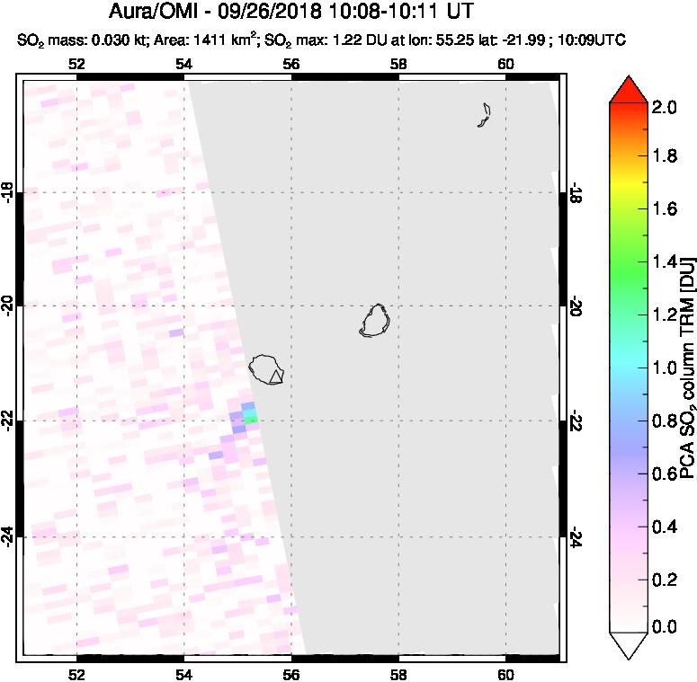 A sulfur dioxide image over Reunion Island, Indian Ocean on Sep 26, 2018.