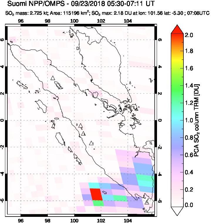 A sulfur dioxide image over Sumatra, Indonesia on Sep 23, 2018.