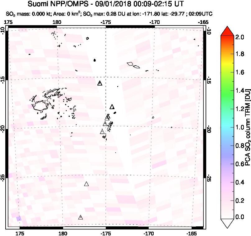 A sulfur dioxide image over Tonga, South Pacific on Sep 01, 2018.