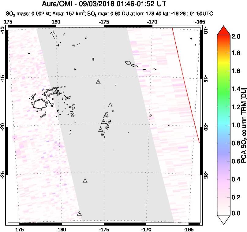 A sulfur dioxide image over Tonga, South Pacific on Sep 03, 2018.