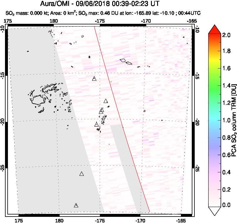 A sulfur dioxide image over Tonga, South Pacific on Sep 06, 2018.