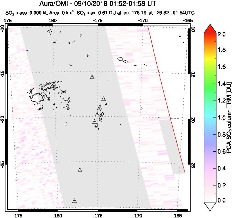 A sulfur dioxide image over Tonga, South Pacific on Sep 10, 2018.