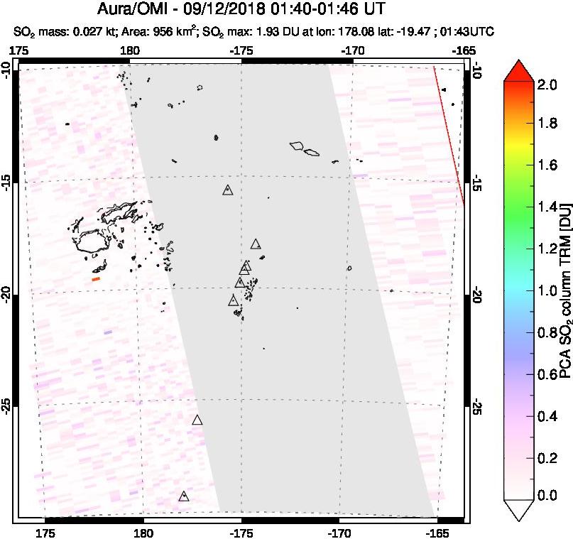 A sulfur dioxide image over Tonga, South Pacific on Sep 12, 2018.