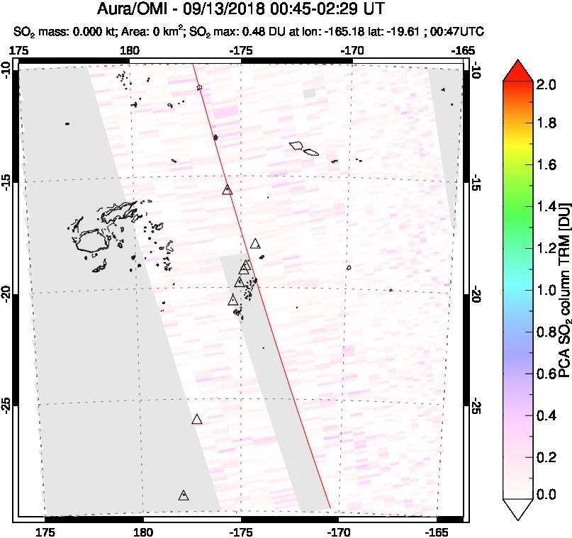 A sulfur dioxide image over Tonga, South Pacific on Sep 13, 2018.