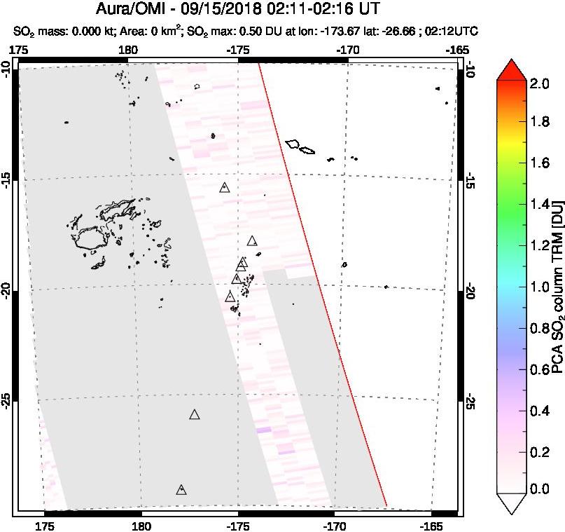 A sulfur dioxide image over Tonga, South Pacific on Sep 15, 2018.