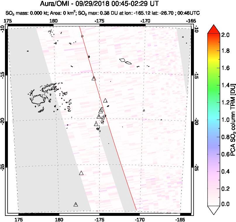 A sulfur dioxide image over Tonga, South Pacific on Sep 29, 2018.