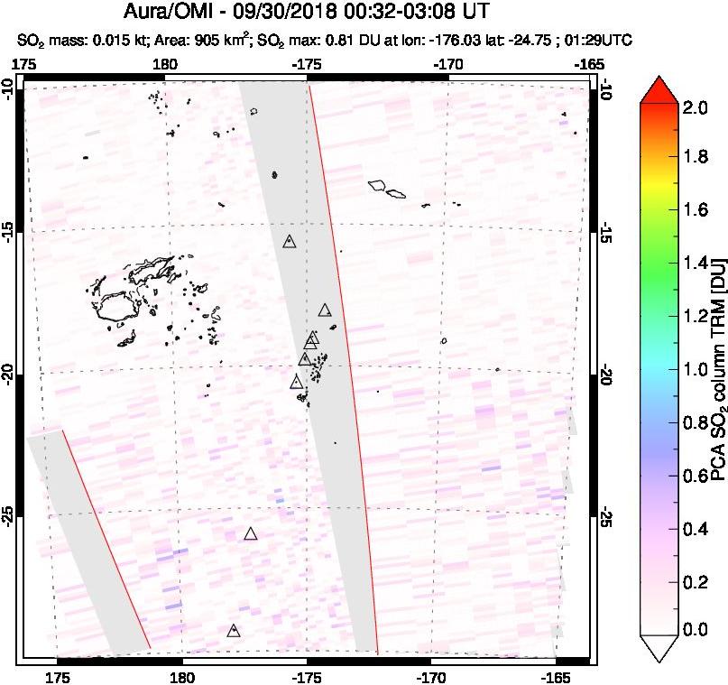 A sulfur dioxide image over Tonga, South Pacific on Sep 30, 2018.