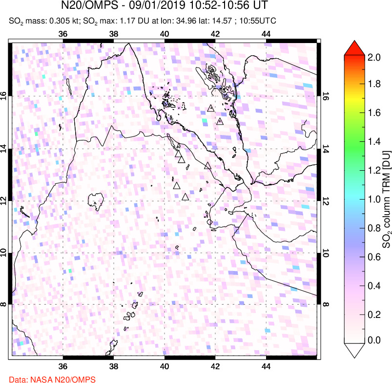 A sulfur dioxide image over Afar and southern Red Sea on Sep 01, 2019.