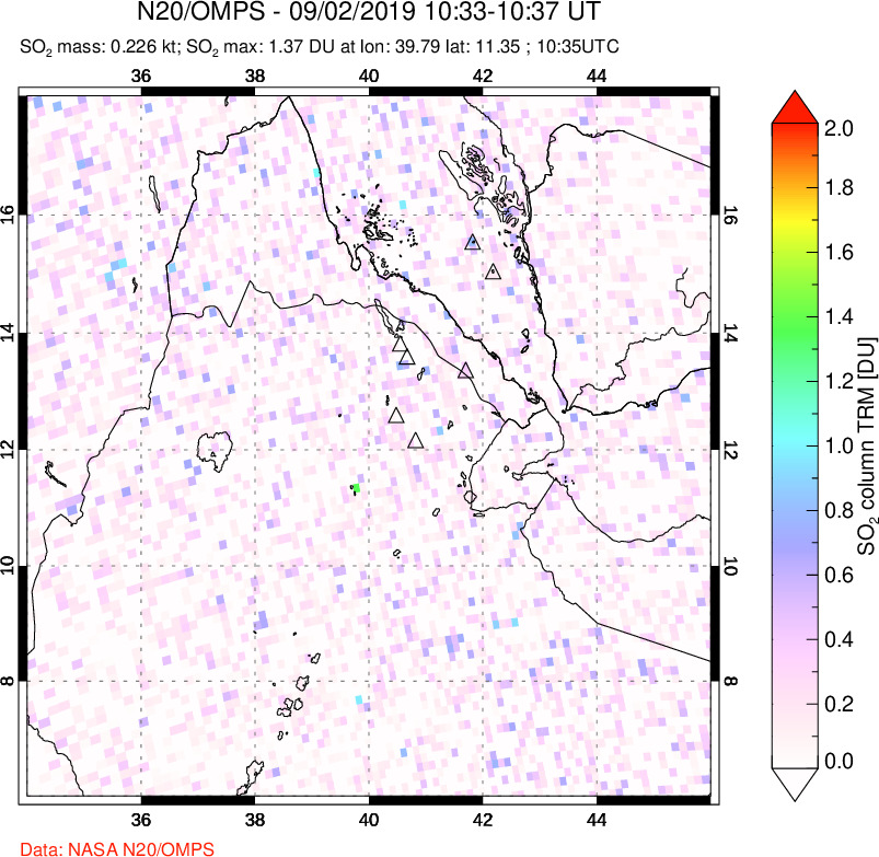 A sulfur dioxide image over Afar and southern Red Sea on Sep 02, 2019.