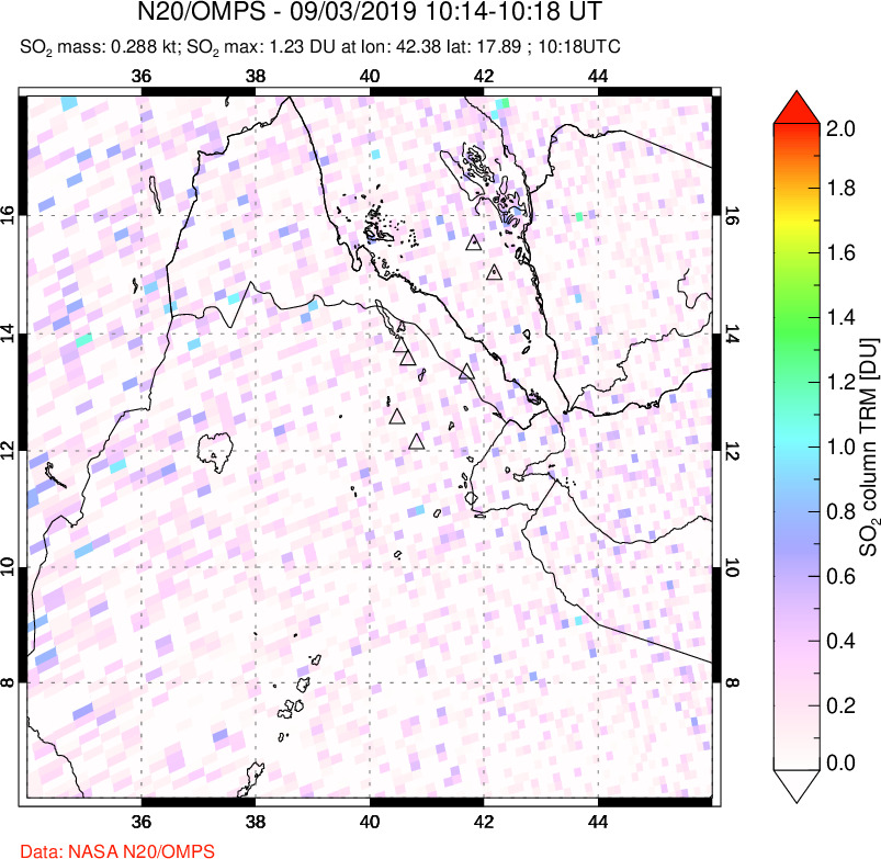 A sulfur dioxide image over Afar and southern Red Sea on Sep 03, 2019.