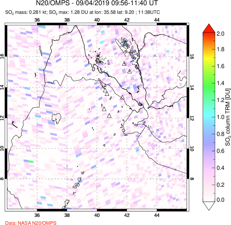 A sulfur dioxide image over Afar and southern Red Sea on Sep 04, 2019.