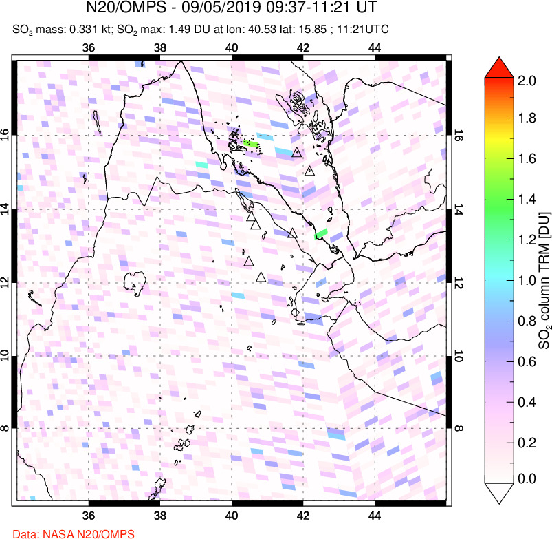 A sulfur dioxide image over Afar and southern Red Sea on Sep 05, 2019.