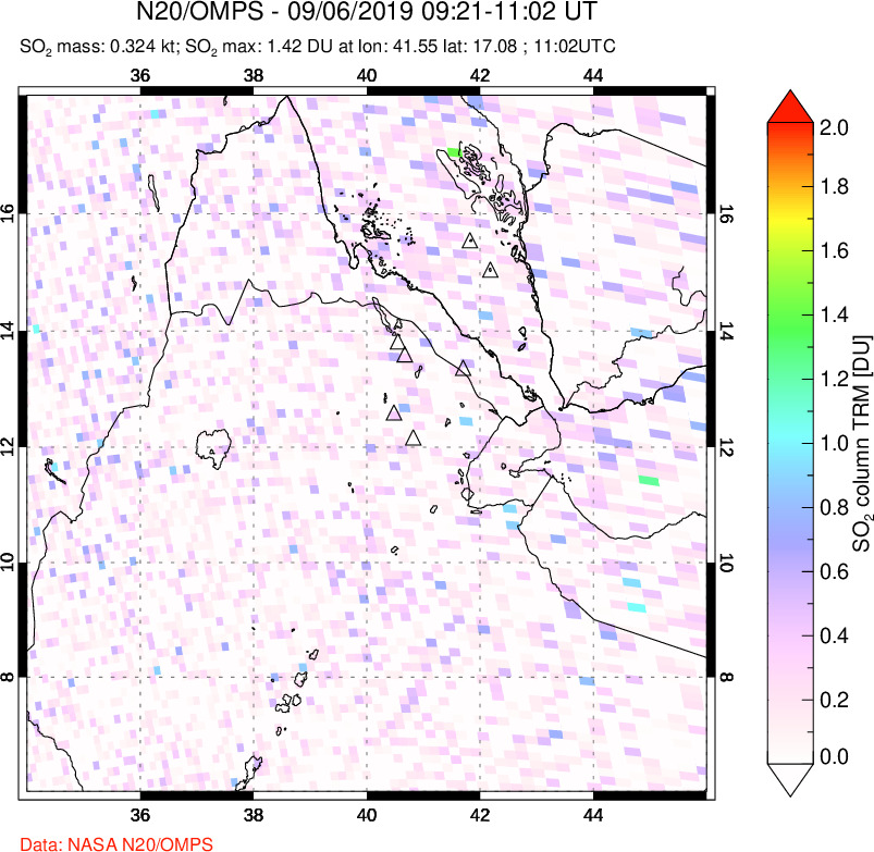 A sulfur dioxide image over Afar and southern Red Sea on Sep 06, 2019.