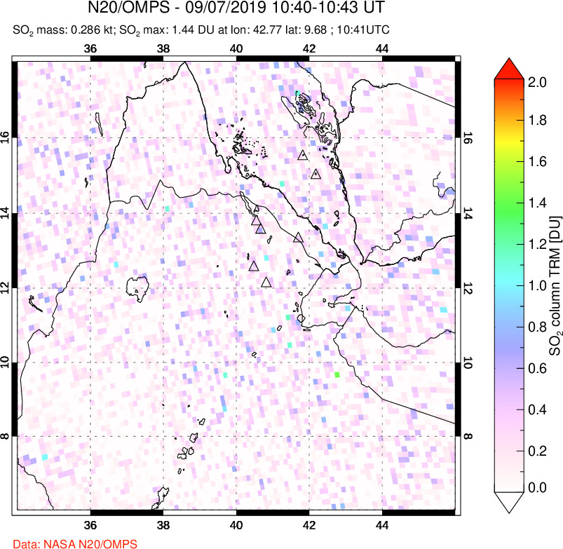 A sulfur dioxide image over Afar and southern Red Sea on Sep 07, 2019.