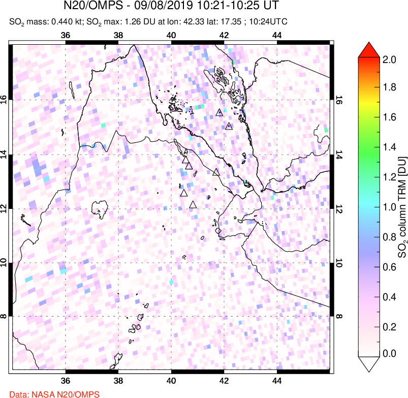 A sulfur dioxide image over Afar and southern Red Sea on Sep 08, 2019.