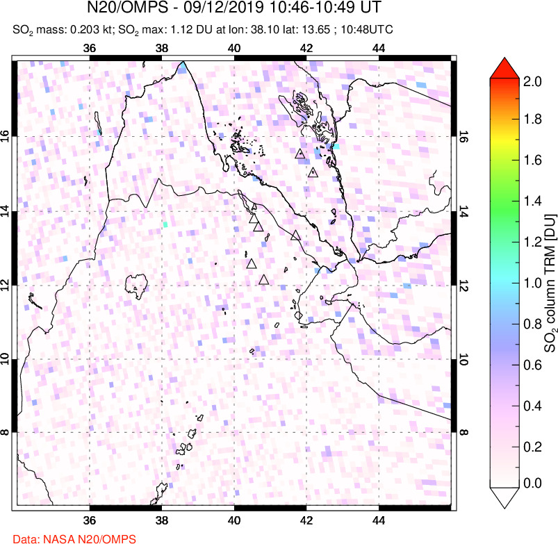 A sulfur dioxide image over Afar and southern Red Sea on Sep 12, 2019.