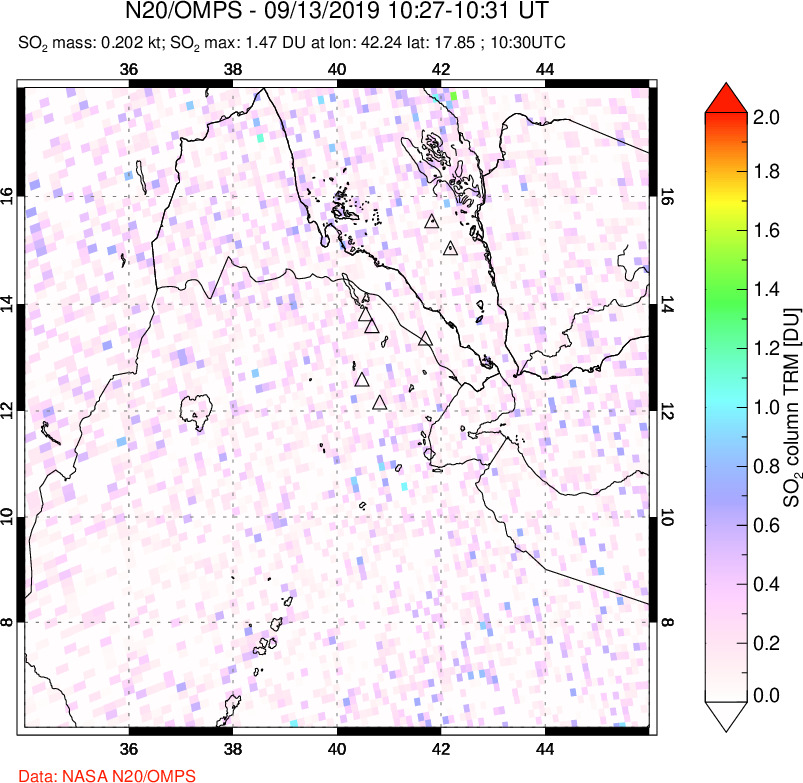 A sulfur dioxide image over Afar and southern Red Sea on Sep 13, 2019.