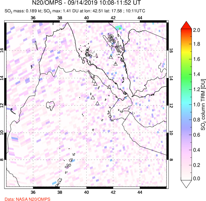 A sulfur dioxide image over Afar and southern Red Sea on Sep 14, 2019.