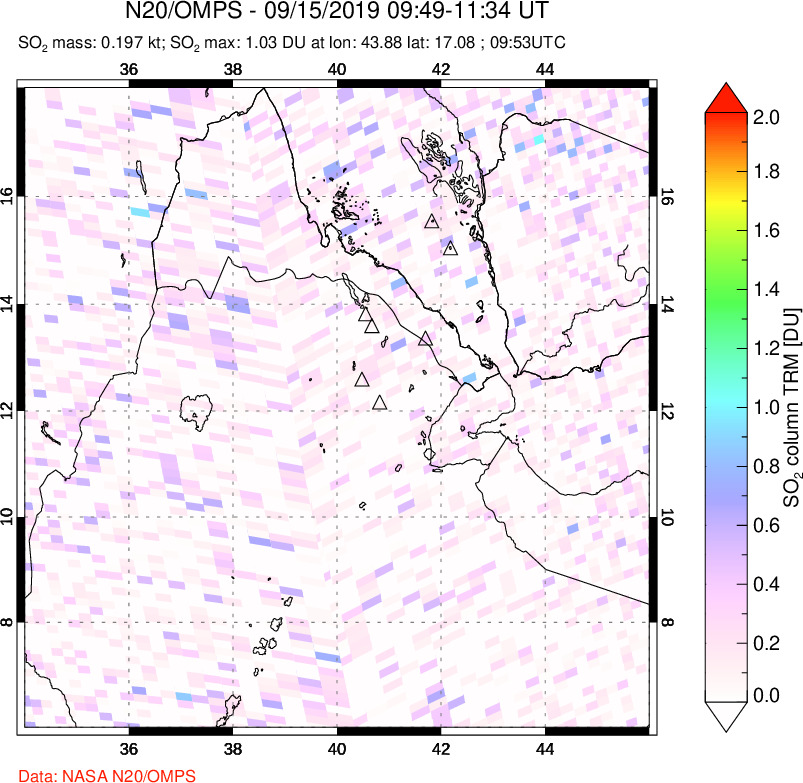 A sulfur dioxide image over Afar and southern Red Sea on Sep 15, 2019.