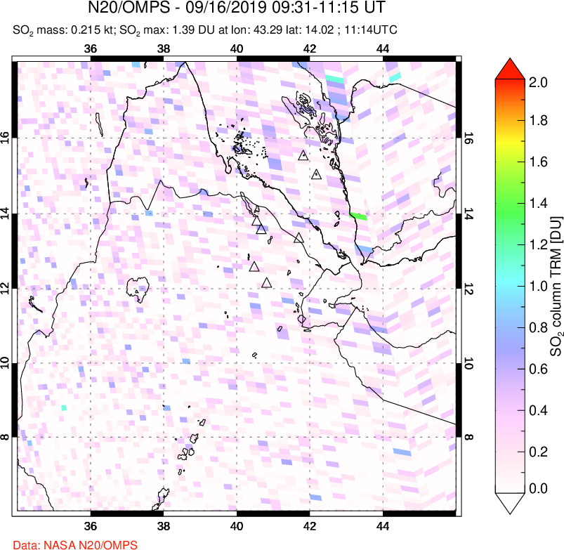 A sulfur dioxide image over Afar and southern Red Sea on Sep 16, 2019.