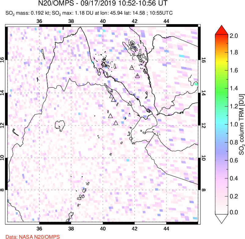 A sulfur dioxide image over Afar and southern Red Sea on Sep 17, 2019.