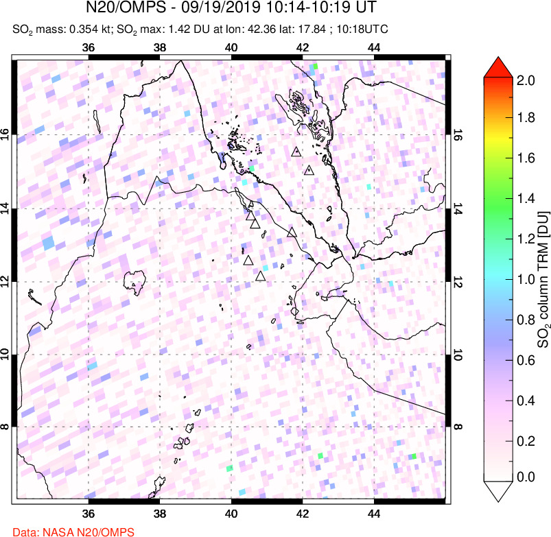 A sulfur dioxide image over Afar and southern Red Sea on Sep 19, 2019.