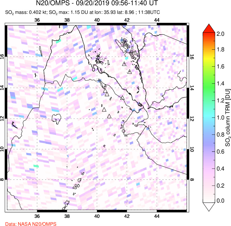 A sulfur dioxide image over Afar and southern Red Sea on Sep 20, 2019.