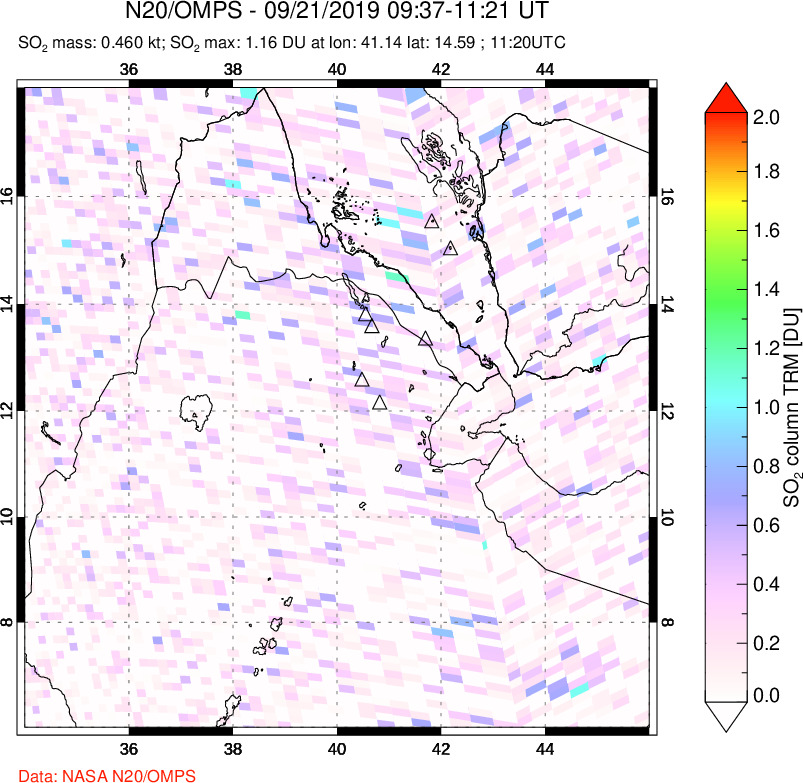 A sulfur dioxide image over Afar and southern Red Sea on Sep 21, 2019.