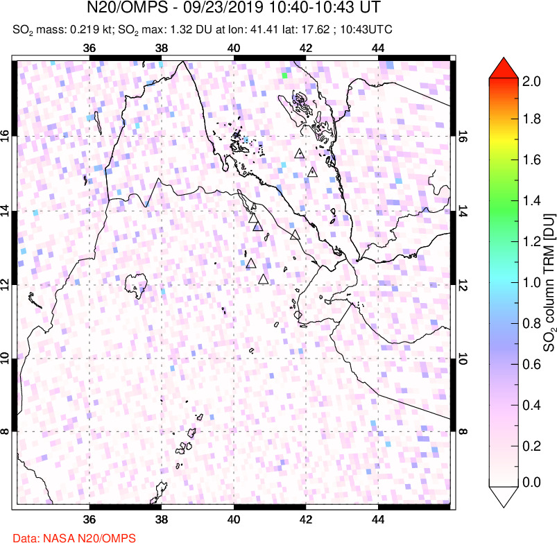 A sulfur dioxide image over Afar and southern Red Sea on Sep 23, 2019.