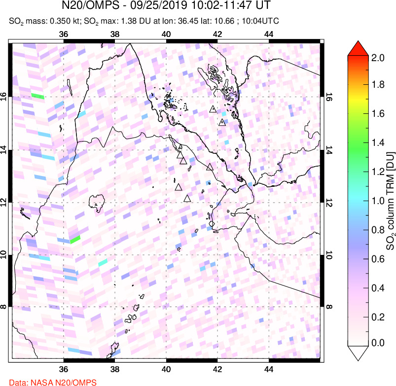 A sulfur dioxide image over Afar and southern Red Sea on Sep 25, 2019.