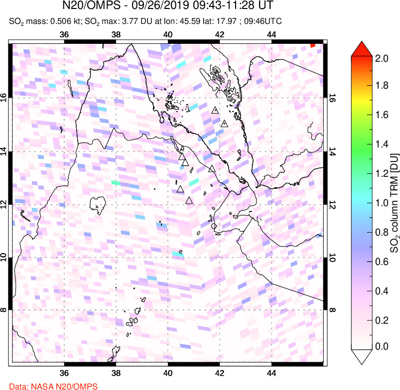 A sulfur dioxide image over Afar and southern Red Sea on Sep 26, 2019.