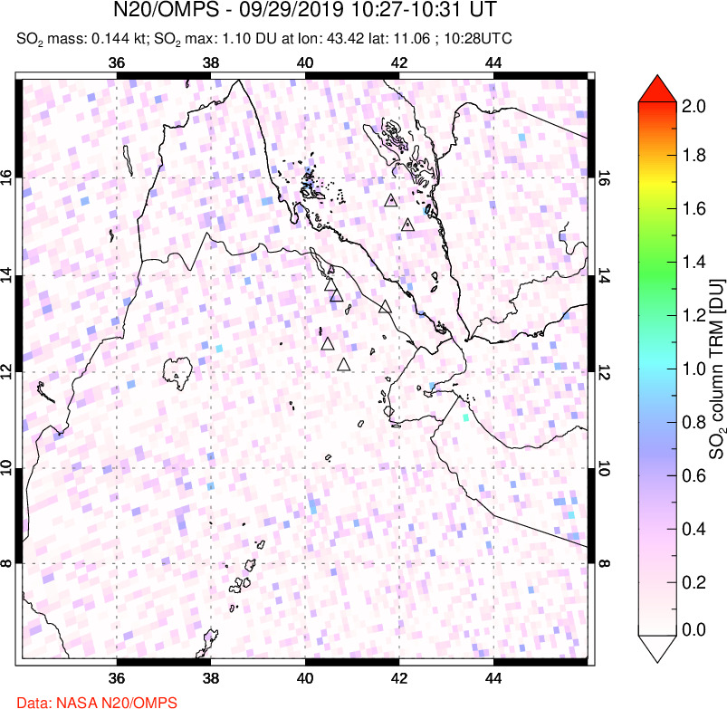 A sulfur dioxide image over Afar and southern Red Sea on Sep 29, 2019.