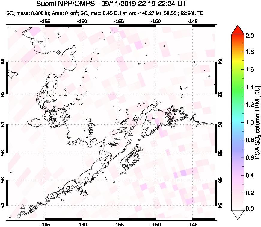 A sulfur dioxide image over Alaska, USA on Sep 11, 2019.