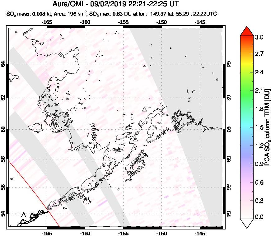 A sulfur dioxide image over Alaska, USA on Sep 02, 2019.