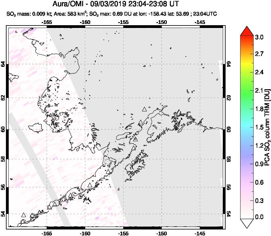 A sulfur dioxide image over Alaska, USA on Sep 03, 2019.