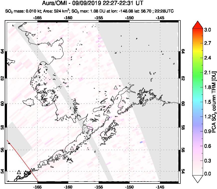 A sulfur dioxide image over Alaska, USA on Sep 09, 2019.