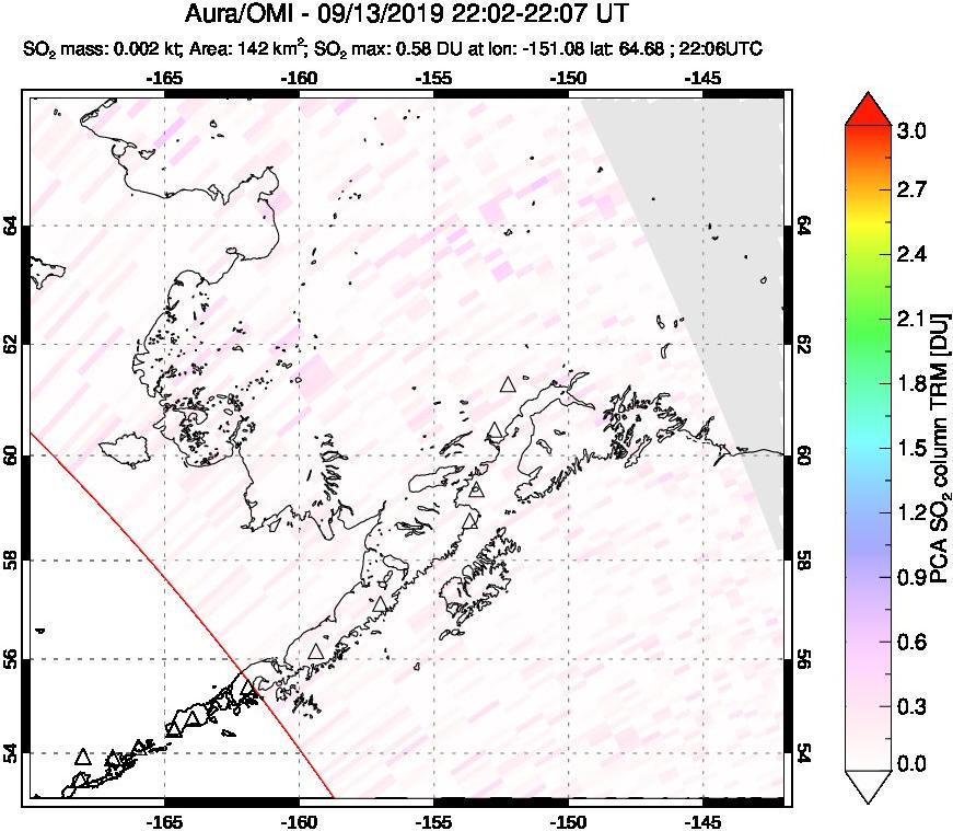 A sulfur dioxide image over Alaska, USA on Sep 13, 2019.
