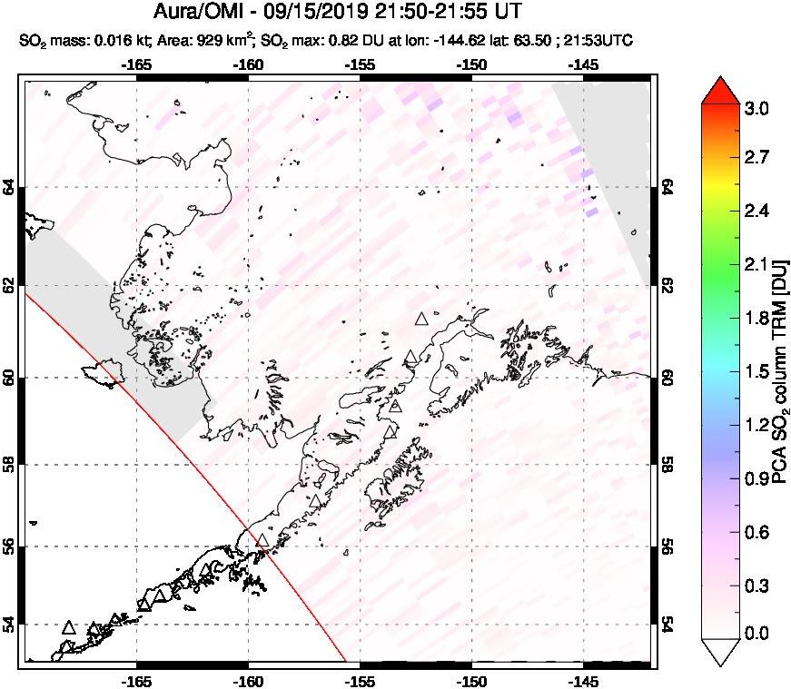 A sulfur dioxide image over Alaska, USA on Sep 15, 2019.