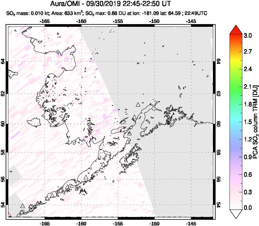 A sulfur dioxide image over Alaska, USA on Sep 30, 2019.